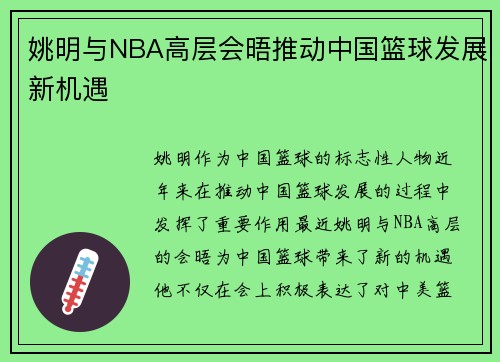 姚明与NBA高层会晤推动中国篮球发展新机遇
